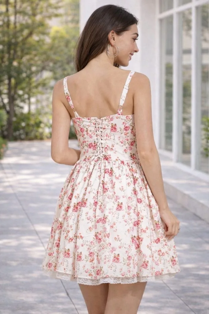 Vestido floreado corto con estampado de rosas.